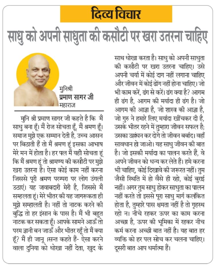 दिव्य विचार: साधु को अपनी साधुता की कसौटी पर खरा उतरना चाहिए- मुनिश्री प्रमाण सागर जी महाराज